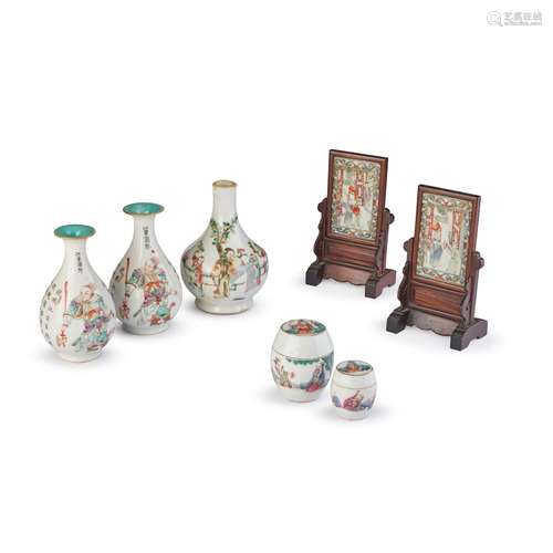 GROUP OF SEVEN FAMILLE ROSE 'FIGURAL' MINIATURE WARES QING D...