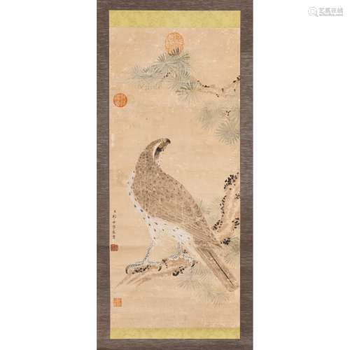 INK SCROLL PAINTING WITH HAWK ATTRIBUTED TO LANG SHINING (GI...
