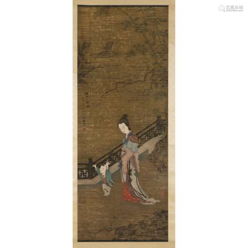 INK SCROLL PAINTING OF LADY AND BOY ATTRIBUTED TO WANG ZHENP...