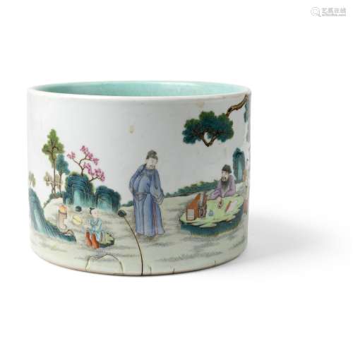 FAMILLE ROSE 'WINE AND TEA DRINKING' BRUSH POT QING DYNASTY,...