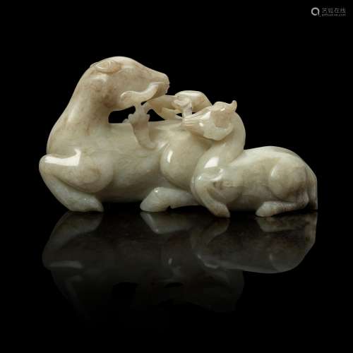 GREYISH WHITE JADE CARVING OF MOTHER HORSE AND FOAL QING DYN...