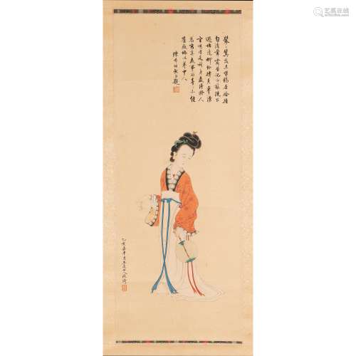 INK SCROLL PAINTING OF A LADY HOLDING A FAN ATTRIBUTED TO GA...