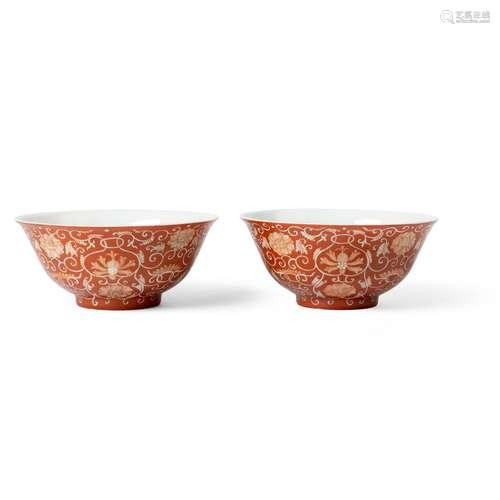 PAIR OF CORAL-GROUND RESERVE-DECORATED 'LOTUS' BOWLS DAOGUAN...