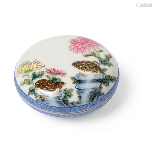 FAMILLE ROSE 'PARTRIDGE' BOX AND COVER QIANLONG MARK BUT REP...