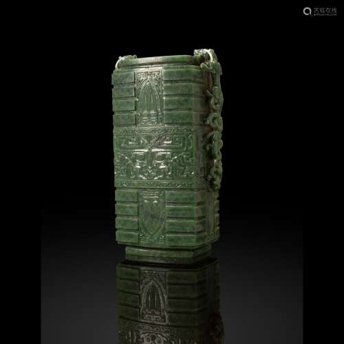 LARGE SPINACH JADE ARCHAISTIC 'CONG' VASE QING DYNASTY, QIAN...