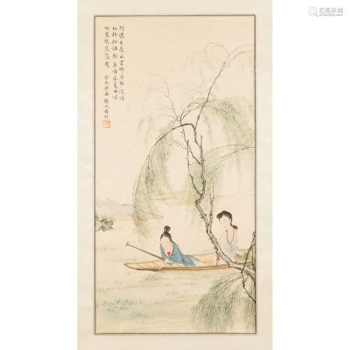 INK SCROLL PAINTING OF LADIES AND WILLOW TREE ATTRIBUTED TO ...