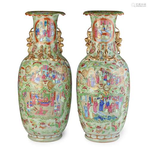 LARGE PAIR OF CELADON-GROUND CANTON FAMILLE ROSE BALUSTER VA...