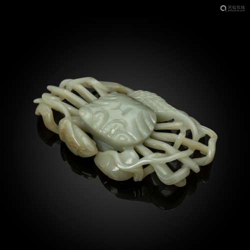 CELADON JADE 'CRAB AND MILLET' BRUSH REST QING DYNASTY, 18TH...