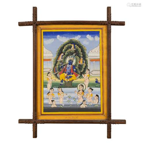 KRISHNA WATCHING THE GOPIS BATHING FROM A TREE WITH THEIR CL...