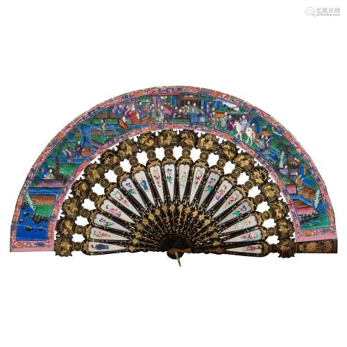 CANTON LACQUERED AND PAPER 'THOUSAND FACES' FAN QING DYNASTY...