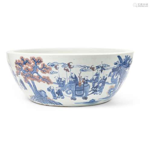 HUGE BLUE AND WHITE WITH UNDERGLAZED-RED 'BOYS AT PLAY' BASI...