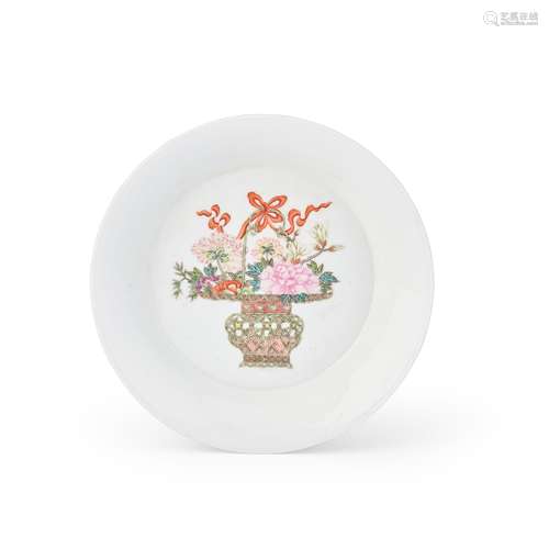 FAMILLE ROSE AND PINK ENAMELLED 'FLOWER BASKET' DISH 20TH CE...