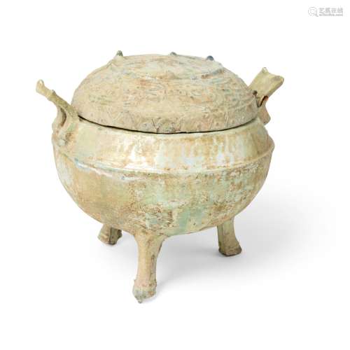 GREEN-GLAZED RITUAL TRIPOD FOOD VESSEL AND COVER, DING HAN D...