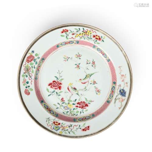 LARGE FAMILLE ROSE 'BIRD AND FLOWER' PLATE QING DYNASTY, YON...