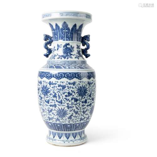 LARGE BLUE AND WHITE 'LOTUS' HANDELLED VASE LATE QING DYNAST...