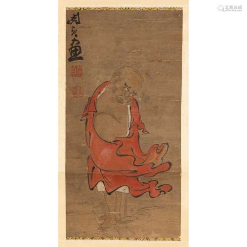 INK SCROLL PAINTING OF A LUOHAN ATTRIBUTED TO MIN ZHEN (1730...