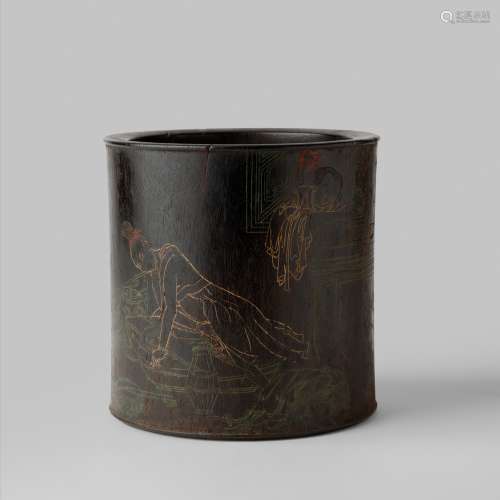 RARE ZITAN INCISED AND COLOURED 'BEAUTY BATHING' BRUSH POT Q...