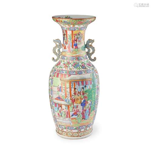 LARGE CANTON FAMILLE ROSE BALUSTER VASE QING DYNASTY, 19TH C...