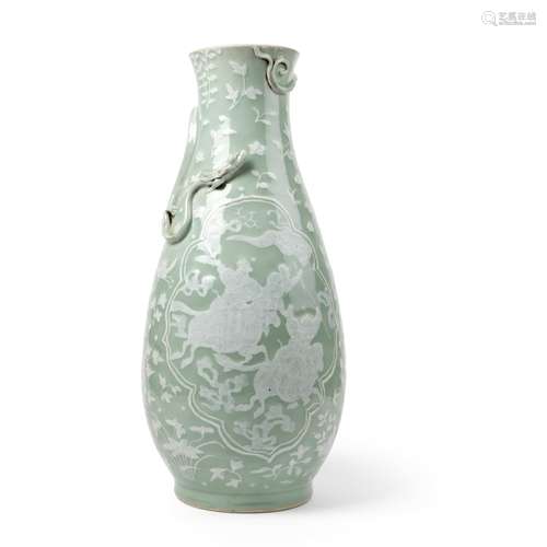 LARGE CELADON-GLAZED WHITE-SLIP DECORATED 'CAVALRY' VASE QIN...