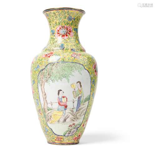 CANTON ENAMEL 'LADIES' BALUSTER VASE QING DYNASTY, 18TH-19TH...