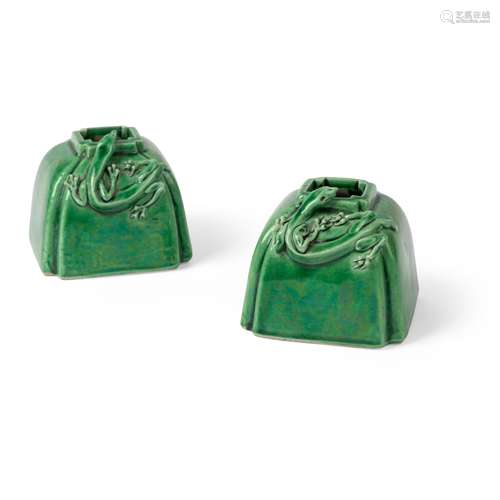 PAIR OF GREEN-GLAZED 'CHI-DRAGON' WATER POTS DAOGUANG MARK A...