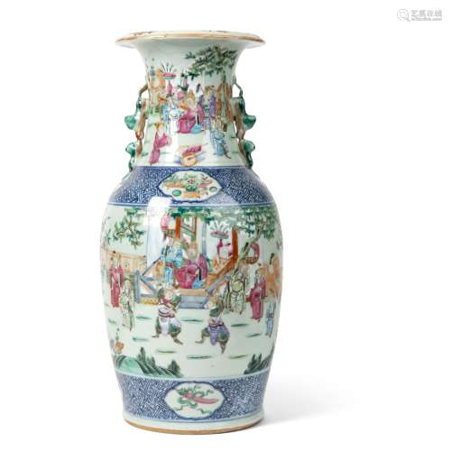 BLUE AND WHITE WITH FAMILLE ROSE BALUSTER VASE QING DYNASTY,...