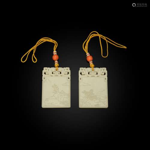 PAIR OF WHITE JADE INSCRIBED PLAQUES QING DYNASTY, 18TH CENT...