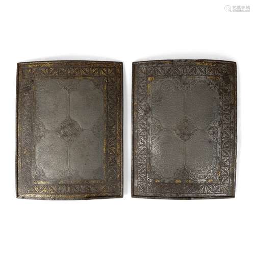 PAIR OF QAJAR GOLD DAMASCENED STEEL ARMOUR PLATES PERSIA, 19...