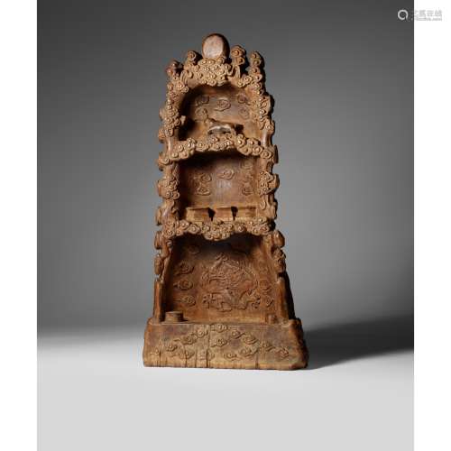 LARGE HUANGHUALI CARVED 'GROTTO' SHRINE LATE MING TO QING DY...