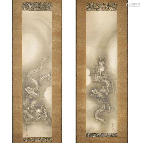 TWO INK SCROLL PAINTINGS OF DRAGONS ATTRIBUTED TO TANI BUNCH...