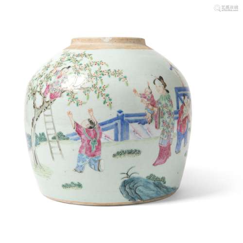 FAMILLE ROSE 'MOTHER AND BOYS AT PLAY' GINGER JAR QING DYNAS...