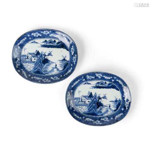 TWO BLUE AND WHITE OVAL PLATES QING DYNASTY, 18TH CENTURY