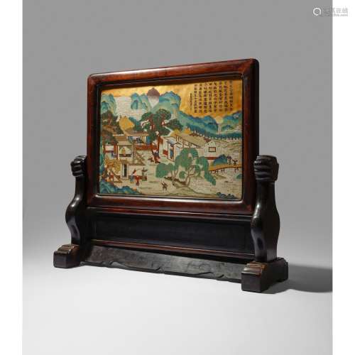 CLOISONNÉ ENAMEL 'NEW YEAR'S SCENE' TABLE SCREEN QING DYNAST...