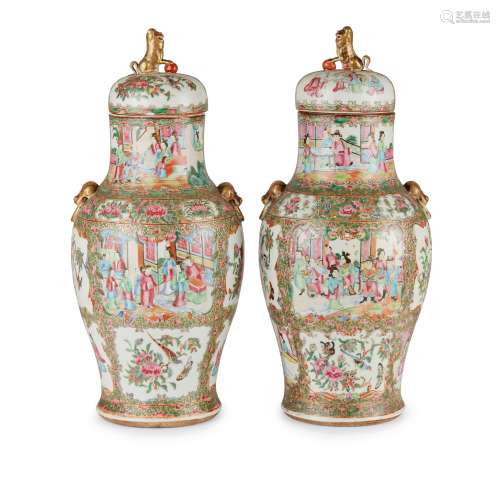 PAIR OF CANTON FAMILLE ROSE VASES WITH COVERS QING DYNASTY, ...
