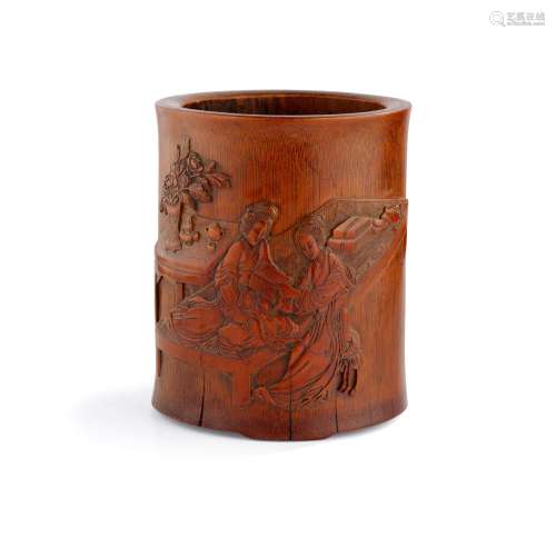 CARVED BAMBOO 'LADIES IN STUDY' BRUSH POT QING DYNASTY, 19TH...