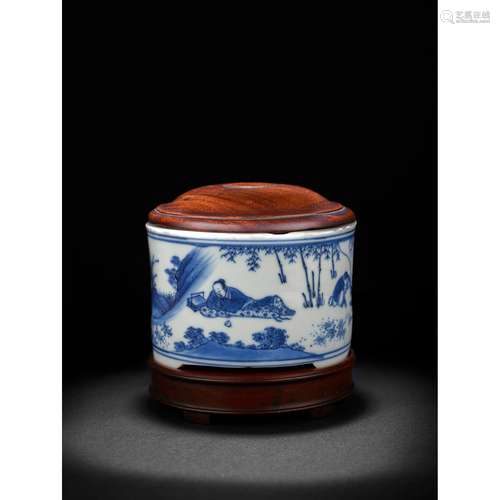 BLUE AND WHITE TRIPOD 'DRUNKEN SCHOLAR' INCENSE BURNER, TONG...