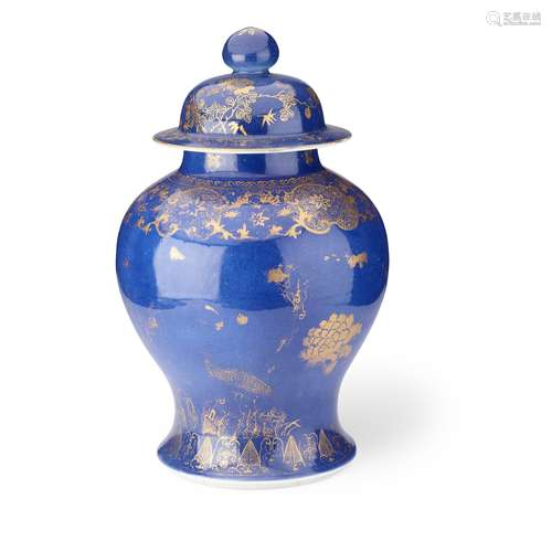 GILT-DECORATED POWDER-BLUE-GLAZED BALUSTER VASE WITH COVER Q...