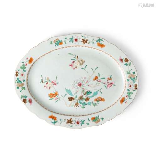 LARGE FAMILLE ROSE 'PEONY AND POMEGRANATE' OVAL PLATE QING D...