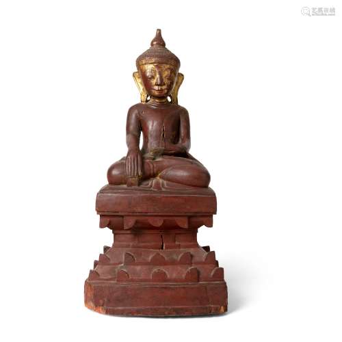 GILT AND RED-LACQUERED WOOD FIGURE OF BUDDHA SHAKYAMUNI BURM...