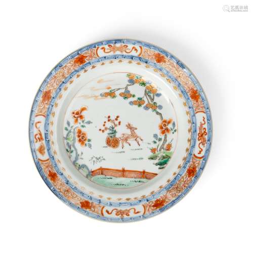 BLUE AND WHITE WITH FAMILLE ROSE 'DEER AND CART' DISH QING D...