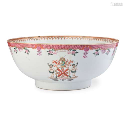 LARGE FAMILLE ROSE ARMORIAL PUNCH BOWL QING DYNASTY, 18TH CE...