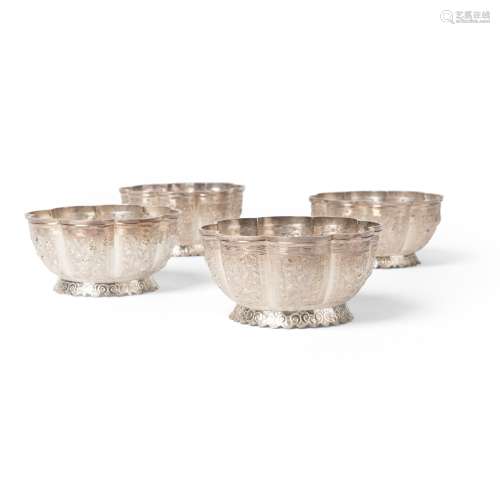 GROUP OF FOUR EXPORT SILVER LOBED BOWLS TU MAO XING MARK, JI...