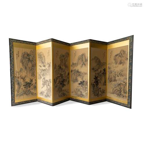 SIX-PANEL FOLDING SCREEN OF INK LANDSCAPE PAINTINGS 20TH CEN...
