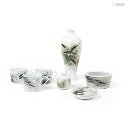 GROUP OF SEVEN FAMILLE ROSE 'CARPS' INSCRIBED PORCELAIN WARE...