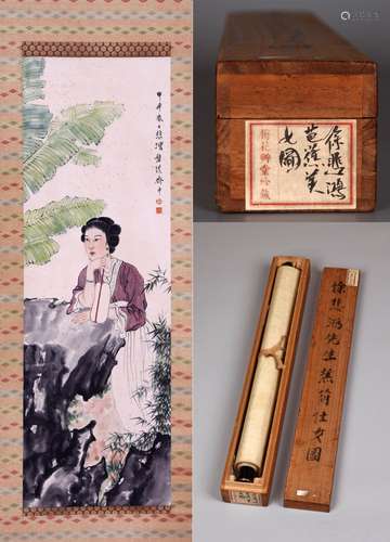 梅花草堂藏品CHINESE SCROLL PAINTING OF BEAUTY IN GARDEN SIGN...