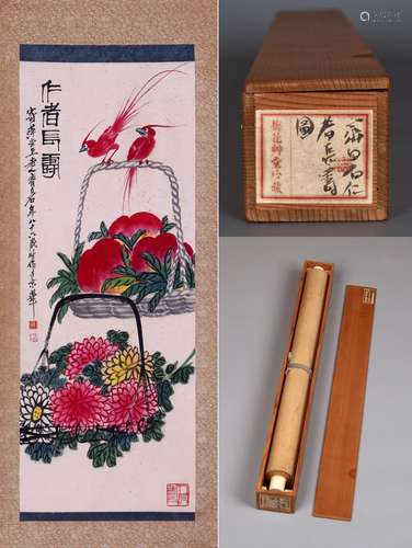 梅花草堂藏品CHINESE SCROLL PAINTING OF PEACH AND FLOWER IN B...