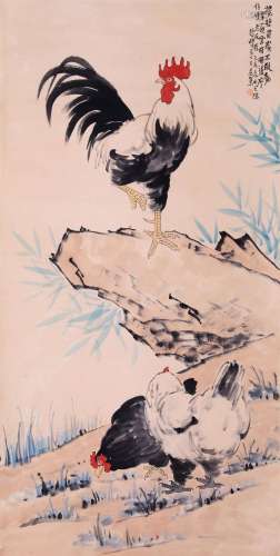 CHINESE SCROLL PAINTING OF ROOSTER ON ROCK SIGNED BY XU BEIH...