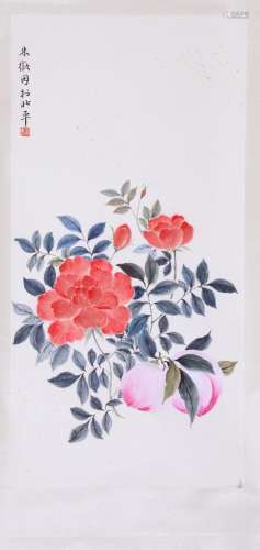 CHINESE SCROLL PAINTING OF PEACH AND FLOWER SIGNED BY LIN HU...