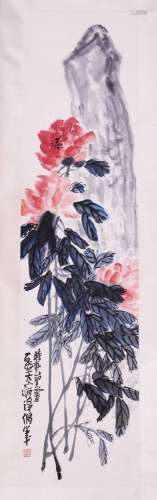 CHINESE SCROLL PAINTING OF FLOWER AND ROCK ARTIST UNKNOWN