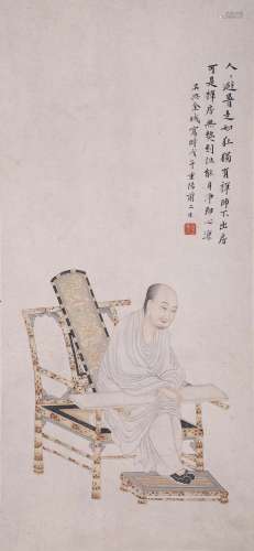 CHINESE SCROLL PAINTING OF LOHAN IN CHAIR SIGNED BY JINCHENG